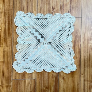 Handmade Filet Crochet Doily 19&quot;, Square Table Runner or Dresser Scarf, Vintage Table Topper with Scalloped Edges, Lace Placemat