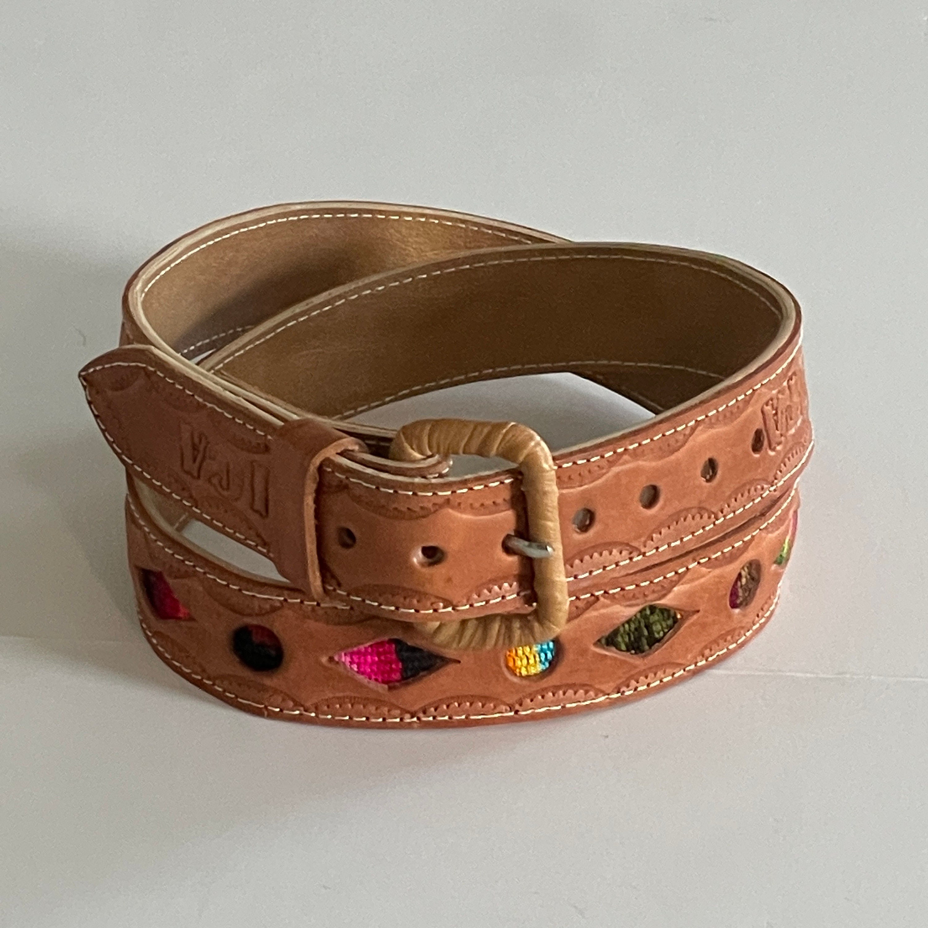 Tooled Embroidered Leather Belt, Multicolor Belt, Size 38 