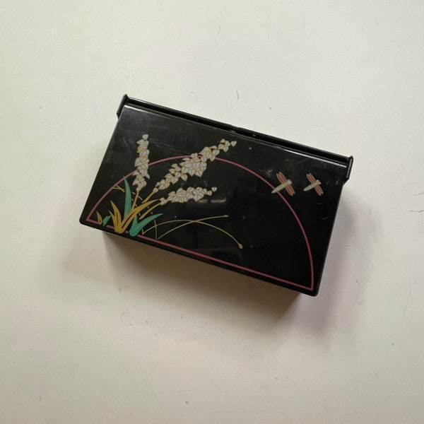 Black Lucite Jewelry Box, Mirrored Floral Lacquered Asian Black Jewelry Box with Firefly Art, Bohemian Decor, Vintage Signed Hong Kong