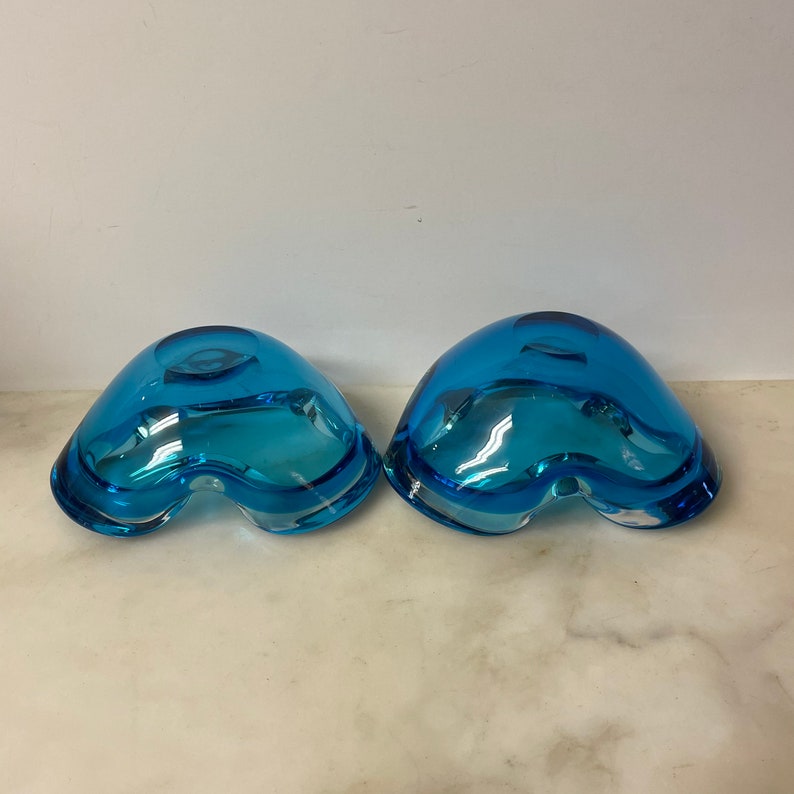 Thick Heavy Cigarette Cigar Smoking Barware Funeral Parlor 2 Vintage Murano Ashtray Bowl Biomorphic Pinched Glass Blue and Clear Bowl