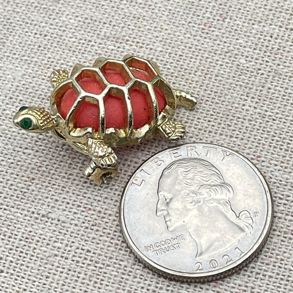 Turtle Brooch Pin, Vintage Gold Toned with orange… - image 7