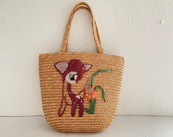 Small Straw Purse with Deer and Flowers, Childs Small Beach Raffia Tote, Beach Summer Tote, Casual Accessory, Y2K Handbag, Woven Straw Purse