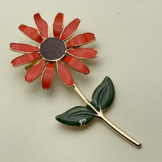 Flower Power Enamel Brooch, 1960's Mod PIn, Orang… - image 8