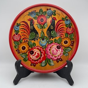 Ukrainian Folk Art Wooden Plate, Petrykivka Hand Painted Roosters & Flowers, 8&quot; Wall Decor, Lacquered Vintage Platter