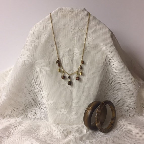 Wood Jewelry Set, Bead and Gold Tone Chain Neckla… - image 2