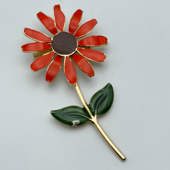 Flower Power Enamel Brooch, 1960's Mod PIn, Orang… - image 2