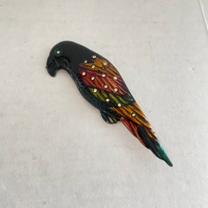 Parrot Brooch, Colorful Blue Enamel with Clear Rhinestone on Gold Tone Metal Bird Pin, Bird Lover, Tiki Jewelry, 4&quot; Statement Brooch