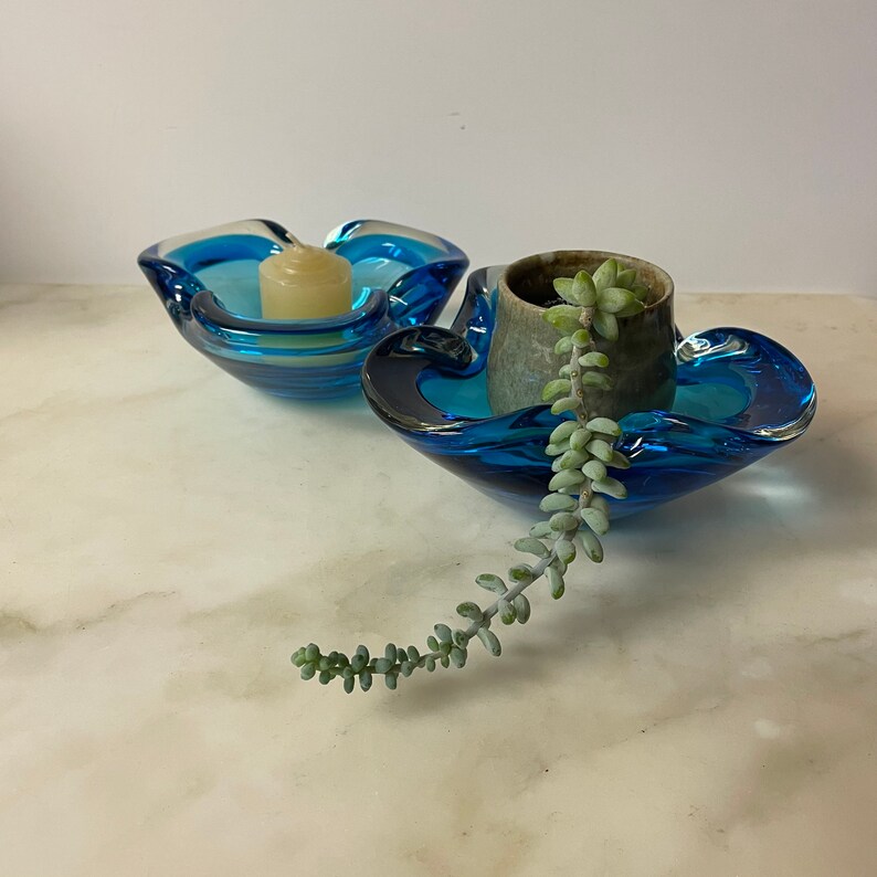 Thick Heavy Cigarette Cigar Smoking Barware Funeral Parlor 2 Vintage Murano Ashtray Bowl Biomorphic Pinched Glass Blue and Clear Bowl