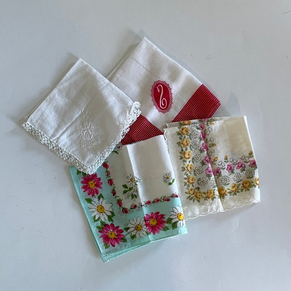 4 Handkerchiefs, Vintage Women's Cotton Floral Embroidered Linen, Print and Colorful Pocket Squares, Wedding Accessory