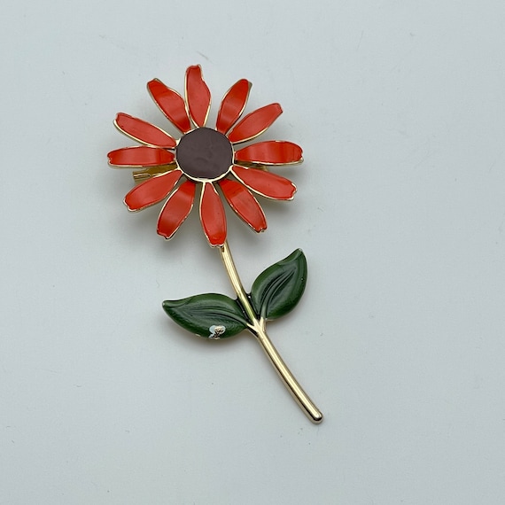 Flower Power Enamel Brooch, 1960's Mod PIn, Orang… - image 1