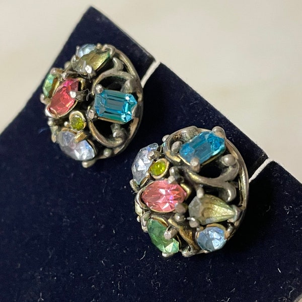 HollyCraft 1953 Pastel Crystal Gem Rainbow Earrings, Signed Vintage Baubles for your Princess, Hollywood Regency Screw Back Earrings