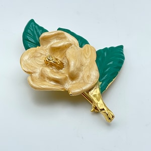 Rose Brooch, Swirl Enamel White Rose Flower Pin with Green Leaves and Goldstone Metal, Made in USA, Single White Rose Enamel Floral Brooch