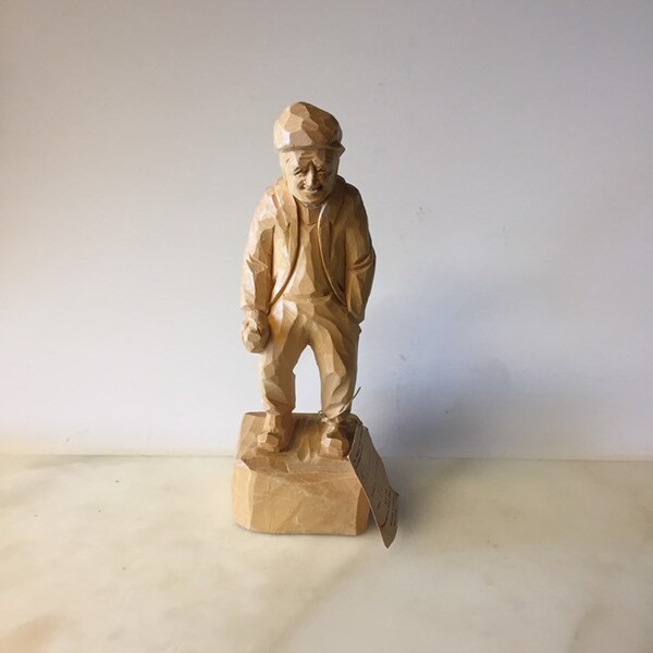 Folk Art Carved French Canadian Vintage figure, Hand carved Barware Barfly Drunkard Man with a bottle, Soft blonde Basswood statue