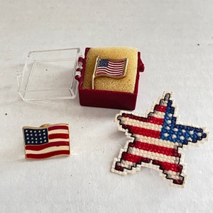 Set of 3 American Flag Pins, Gold Tone Enamel USA Brooches, Patriotic Stars & Stripes Jewelry, 4th of July Americana Accessories