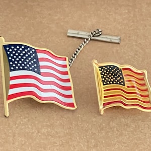 Set of 2 American Flag Pins, Vintage Gold Tone Enamel USA Brooches, Patriotic Stars & Stripes Jewelry, 4th of July Accessories