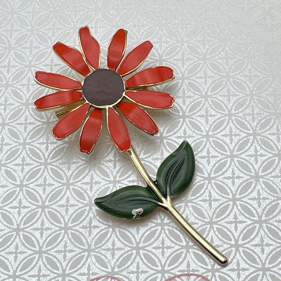 Flower Power Enamel Brooch, 1960's Mod PIn, Orang… - image 6