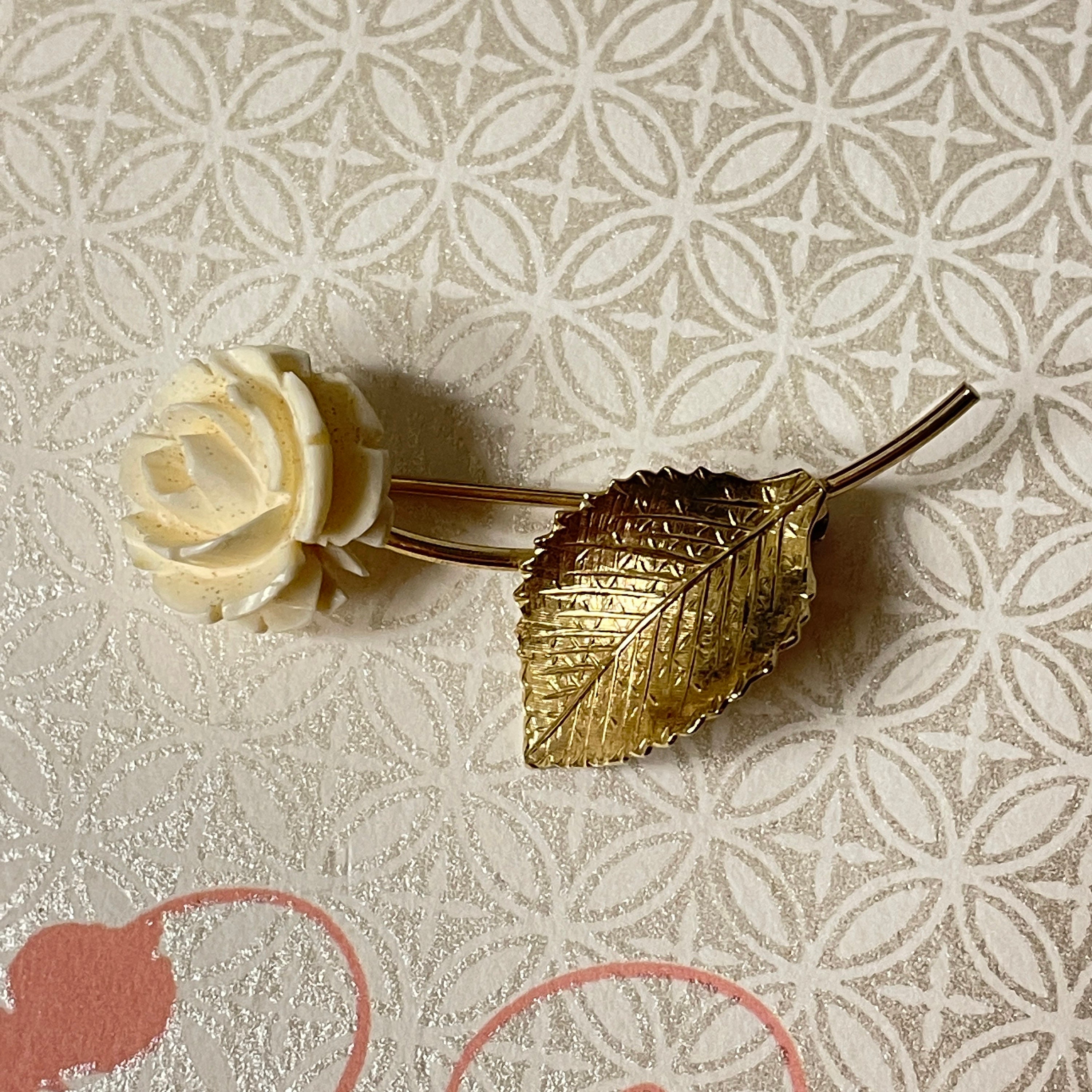 Merlite Merlite 1/20 Gold Filled Rose Brooch, Vintage White Celluloid Flower ...