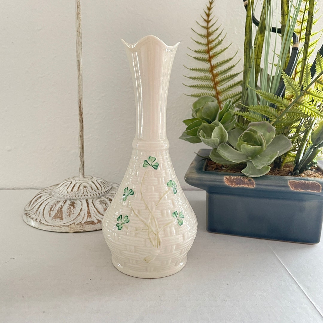 Belleek Shamrock 7.25 Sperrin Vase Blue Mark Basket Weave, Belleek