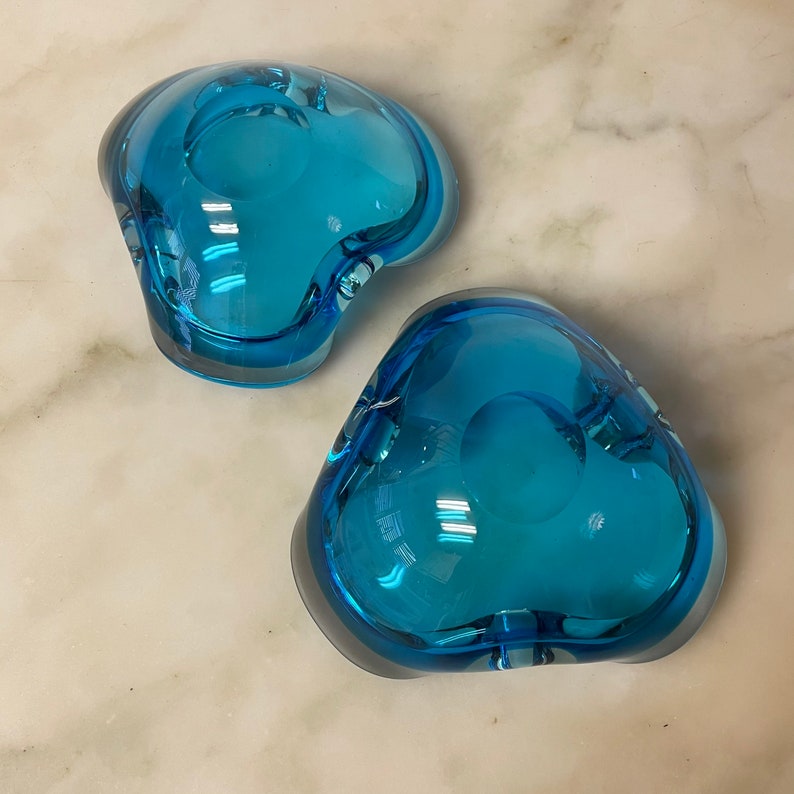 Thick Heavy Cigarette Cigar Smoking Barware Funeral Parlor 2 Vintage Murano Ashtray Bowl Biomorphic Pinched Glass Blue and Clear Bowl