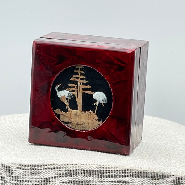 Chinese Lacquered Wood Jewelry Box With A Cork Diorama Scene, Lid Box With Red Satin Lining, Asian Themed Jewelry Box, Made in China