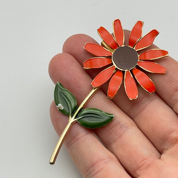 Flower Power Enamel Brooch, 1960's Mod PIn, Orang… - image 5