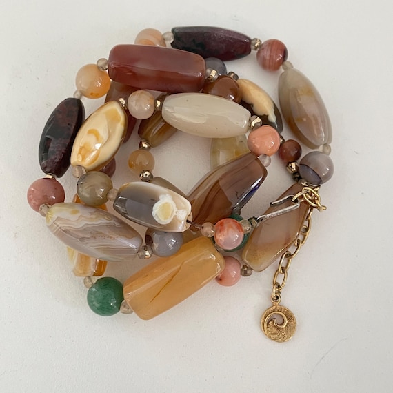 Vintage Lisner beggar bead necklace polished stones, Beggars Beads Stone Beaded Necklace Variety Multicolor Polished 30" Long