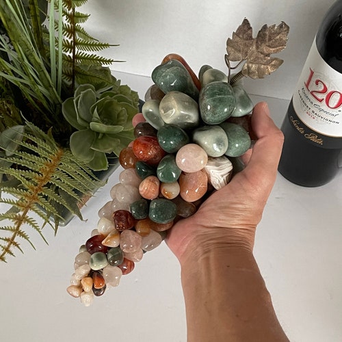 Vintage shops Polished Multi Color Stone Grape Cluster with silver leaf, Mid Century Gem Polished Stone Grape, Grapes Cluster, Wine Collector Gift