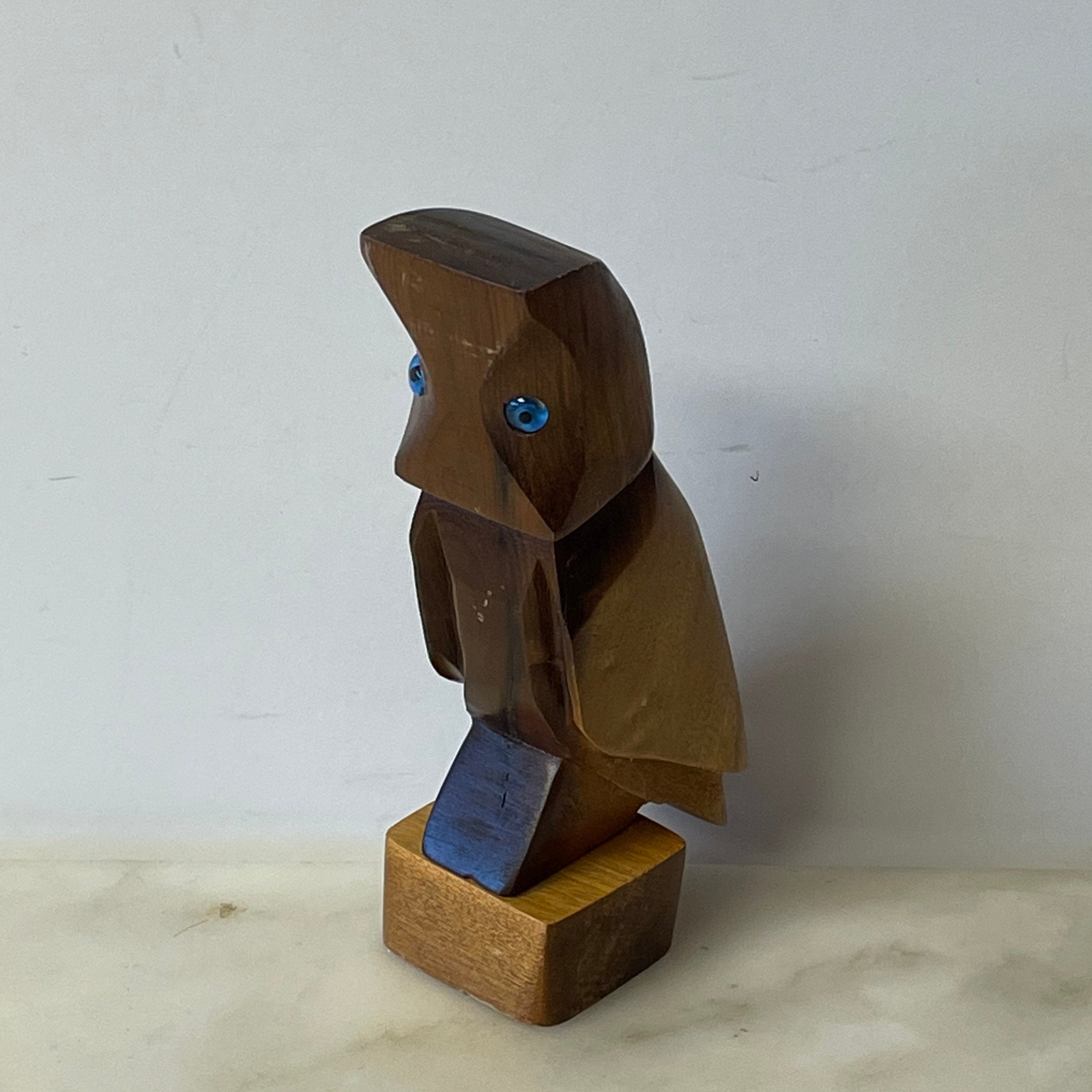 Wooden Owl Figurine, Hand Carved Solid Wood Blue Eyed statue, MCM Bird, Mid Century Modern Decor wit