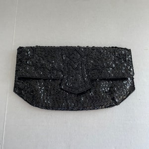 La Regale Black Sequin Beaded Clutch, Art Deco Evening Bag with Fold-Over Snap, Great Gatsby Party or Mourning Accessory