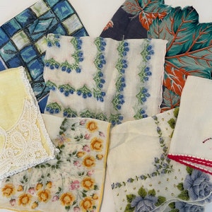 7 Handkerchiefs, Vintage Women's Cotton Floral Embroidered Linen, Print and Colorful Pocket Squares, Wedding Accessory