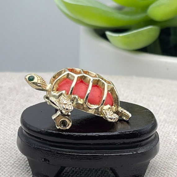 Turtle Brooch Pin, Vintage Gold Toned with orange… - image 1