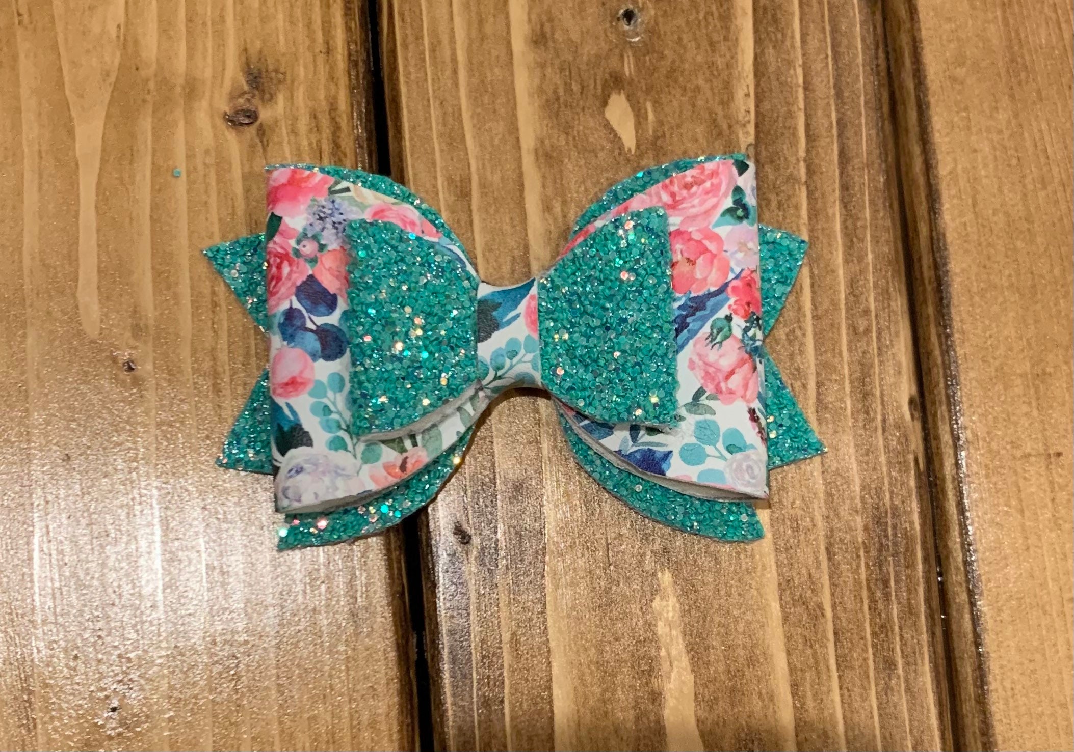 Teal Floral Glitter Hair Bow Etsy