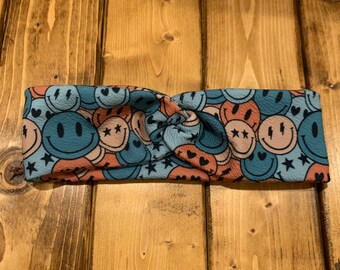 Smiley Face Print Knotted Headband - Boho Twist Hair Accessory