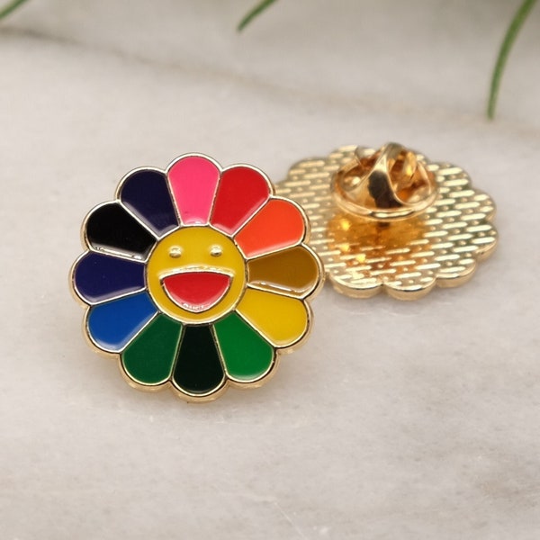 Rainbow Flower Enamel Gold Happy Face Pin Badge Takashi Murakami Sunflower