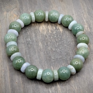 11mm Round and Rondelle Burmese Jadeite Green Natural Myanmar Jade Stretch Bracelet