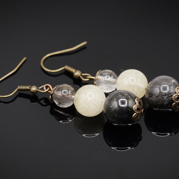 Libyan Desert Glass 8mm Herkimer Diamond, 12mm Angi Manitite, 10mm LDG Yellow Tektite Dangle Drop Antique Brass Earrings