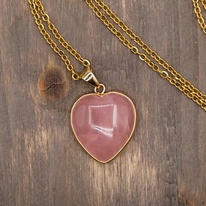 Dark Pink Rose Quartz Heart Necklace with Gold 1&#39;&#39; Gold Chain Optional Super Pink or Light Pink You Pick