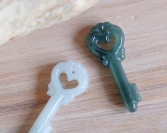 Guatemalan Jadeite or Burmese White Jadeite 1.35''x0.5'' Key Pendant Blue Water Jade Gold, Sterling Silver Chain Optional Necklace Certified