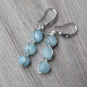 SERENITY Genuine 6mm Larimar &quot;Atlantis or Dolphin Stone&quot; Silver Wire Wrapped Three Bead 925 Sterling Silver Gemstone Dangle Drop Earrings