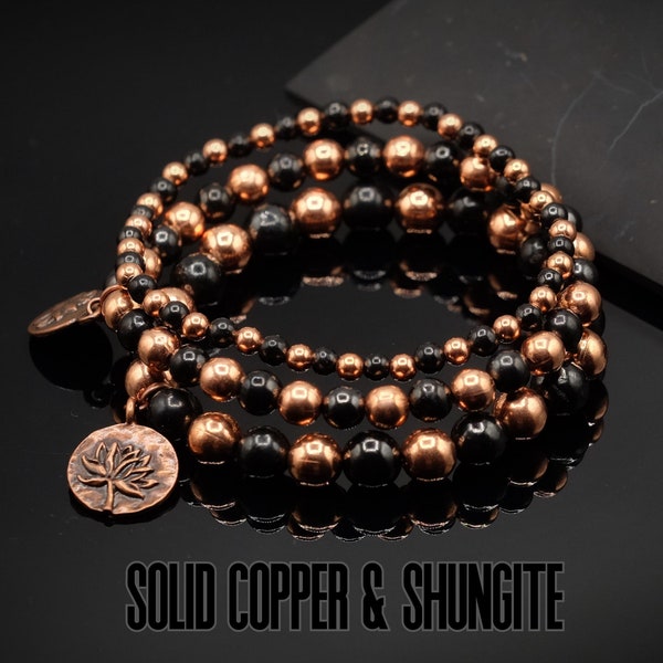 Pure Raw Copper + Shungite  (Russia) Your choice 4mm, 6mm, 8mm or 10mm Stretch Bracelet, Anklet Custom Fit, Petrovsky, Lotus Charm Option