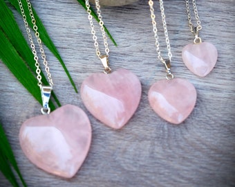 LOVE Rose Quartz Heart Pendant Multiple Sizes 18 inch Silver Chain 1.1 in, 0.9 in, 0.75 in, 0.5 in.