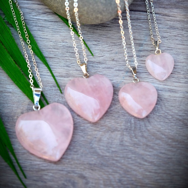 LOVE Rose Quartz Heart Pendant Multiple Sizes 18 inch Silver Chain 1.1 in, 0.9 in, 0.75 in, 0.5 in.