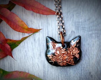 ELITE NOBLE Shungite + Copper Orgonite 0.75'' Kitty Cat Head Pendant Rose Gold Chain or Black Cotton Cord Anti-EMF Necklace Orgone Energy