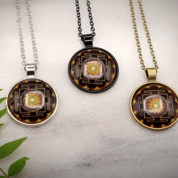 Sri Yantra Sacred Geometry Meditation Mandala Brass, Black or Silver Glass Pendant with Chain Medallion Necklace