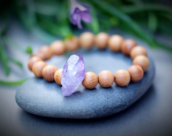 HEALING CALM Raw Amethyst Crystal Cedarwood Bracelet Simple Minimalist Natural Earthy Boho