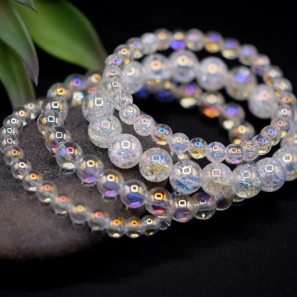 AB Clear Quartz Angel Rainbow Aura Smooth or Crackle Mystic Quartz 6mm, 8mm or 10mm Stretch Bracelet