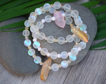 Matte Rainbow Angel Aura Quartz 8mm Raw Crystal Point Charm Girl's Women's Gemstone Bracelet Girl's Jewelry