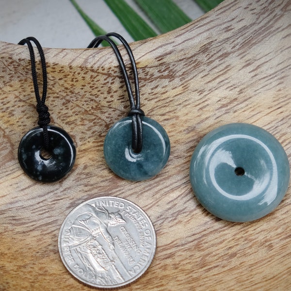 17mm Guatemalan Jadeite Natural Type A Pi Donut Brown Leather Slip Knot or Black Nylon Cord Necklace
