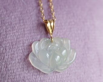 Burmese Jadeite Lotus Flower Carved Pendant Type A Gold Filled or Sterling Bail, 18'' Gold or Silver Stainless Steel Chain Necklace