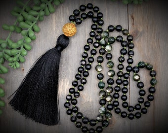 Angi Manitite, Hypersthene, Spinel, Epidote, Green Lepidolite 108 Hand Knotted Hand-Carved Brass Tibetan Guru Bead, Black Long Tassel Mala